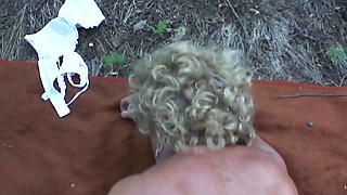 Hairy big tits granny fucks outdoor