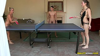 Three nude lesbians playing table tennise