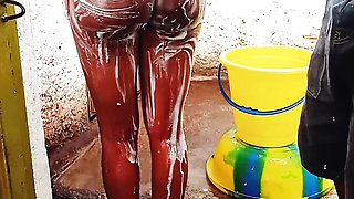Outdoor Bathing My Pregnant Girlfriend in Dirty Environment
