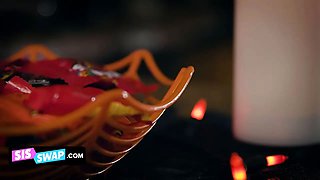 Halloween group sex with Leana Lovings and Serena Santos and their horny stepbros