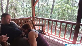 Ginger MILF Wife with Long Braids Gives Outdoor Blowjob and Pussy Licking on Porch