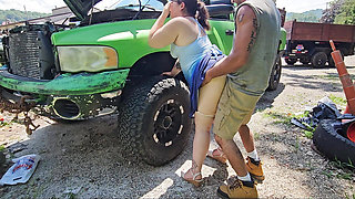 stepsister tricks stepbrother into quickie during truck repair