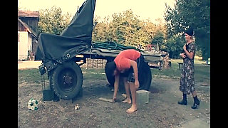 Grandson with Big Cock Fucks Granny on Tractor