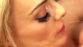 Stacey masturbates the boss and makes him cum on her big tits