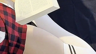 Long Legs Hottest Sexy Blonde in School Uniform Skirt and Over Knee Socks Empties Big Balls of a Big Dick Guy