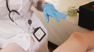 Nurse's Hot Massage Turns Into a Risky Fuck with Blue Gloves on