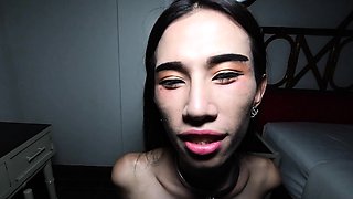 Tiny Asian ladyboy deepthroat blowjob