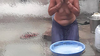 Married stepsister was opening blouse at brother's house Brother pressed big breasts to take bath Sister went to open bathroom