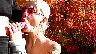 Amazing oral creampie, cum in mouth and cum kissing in autumn park