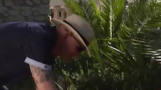 Old and young pussy fucking in the garden