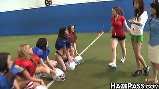 Frat girl dominates young lesbian chicks into hot foursome