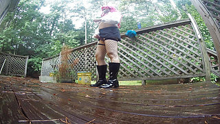 Crossdresser Jon Scarecrow getting naked outdoors to shower and masturbate in nature