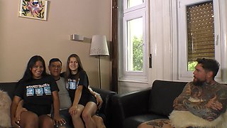 Four sexy babes sharing a big cock in an intense foursome