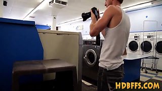 Fest teens riding schlong and providing head at laundromat