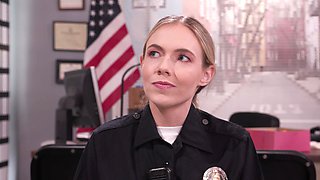Blonde police officer receives bukkake after interracial gangbang