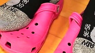 Sock Removal & Clog Shoeplay Under the Desk - Grey Leggings, Pink Clogs & Nylons