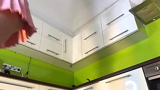 Skinny Blonde Wife Bonnie Dolce Bored in Kitchen Lifts Skirt Shows Cotton Panties