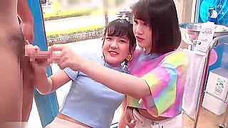 Shy Japanese Beauties Gives Handjob Cumshot To Stranger In Glass Room