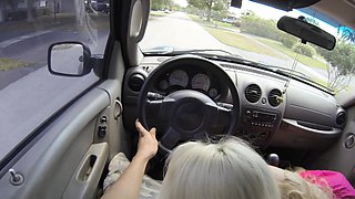 Young blonde babe in a pink dress gives a blowjob in the car and gets fucked in the backyard