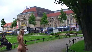 Blonde Amateur Takes Facial Outdoors In Public