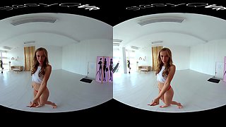Hide And Go Peek; Strip Tease Blonde Red Panties White Tank Big Tits Shaved Pussy