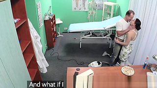 Doctor pussy fucks cleaner before nurse joins