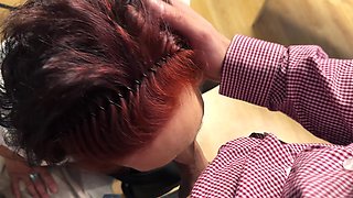 Short-haired granny in stockings pleasures two young studs at the same time