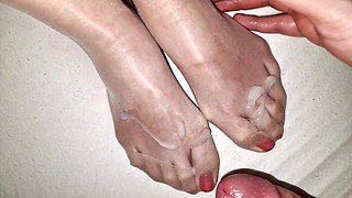 Cum on perfect wife's brown nylon feet - red polish pedicure