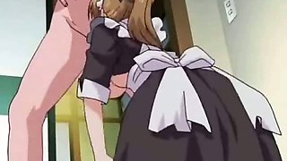 Sultry brown haired hentai maid giving blow job to her