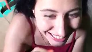 POV blowjob and cum swallowing by my horny brunette neighbor