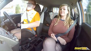 Busty fake driving instructor Ryan Ryder's huge 34F boobs bounce wildly during driving lesson evaluation