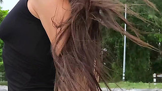 Public Risky and Huge Piss in Tight Black Dress