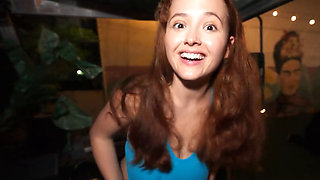 Attractive redhead with a shaved pussy riding in public