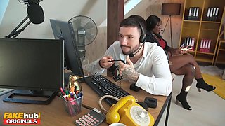 Fakehub - busty ebony chief catches staff fucking at a call center and adds jizz to her coffee