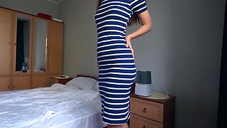 Sexy Slim Buxom MILF Pleases Her Stepson With Dick Riding & Pussyjob, Letting Him Cum In Her Panties