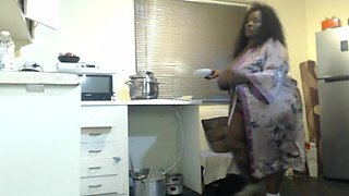 African Stepmum Stripteasing and Masturbating at Then Kitchen