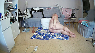 Mother-in-law squeezes her big tits and masturbates her big hairy pussy with sex toys