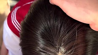 Busty girl in uniform got cum all over her skirt after sex POV