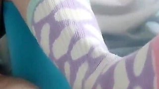 Sensual Sockjob in Very Cute Multicolored Socks with Hearts Print