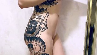 Hot babe with perfect big boobs taking shower