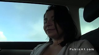Natural busty Euro babe bangs in car in public