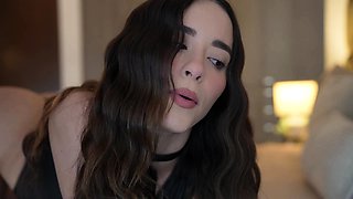 Busty curly brunette with big boobs fucks on couch