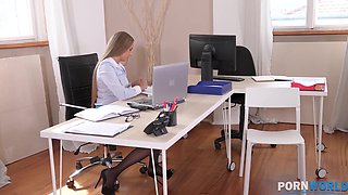 Blonde secretary is getting her pussy fucked hard by handyman