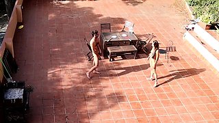 Public Courtyard Blowjob and Fucking with a Hot Brunette Ama