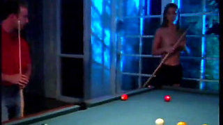 Brunette teen gets dick on pool table