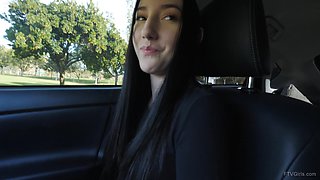 Maia gets horny in a car and starts caressing her small tits