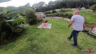 Dog tries to join sexy Brazilian blonde Pamela Pantera and Big Bambu in hot amateur scene