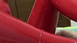 Hot Babe in Red Latex Jumpsuit Pumps Big Guys Cock