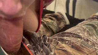 Bad girl sucks cock with her arms behind her back