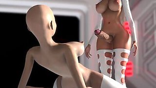 3d hot sci-fi alien dickgirl plays with a sexy girl in the space station